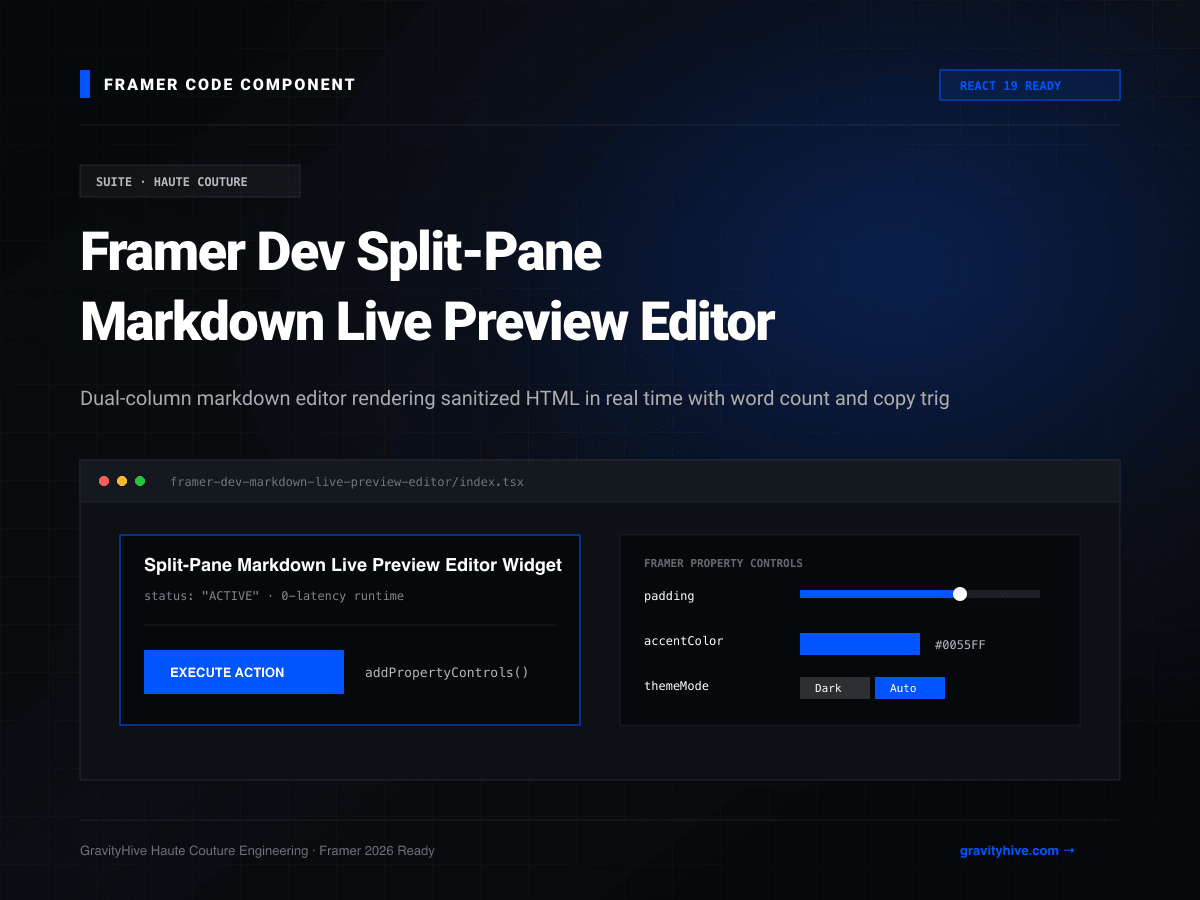 Framer Dev Split-Pane Markdown Live Preview Editor